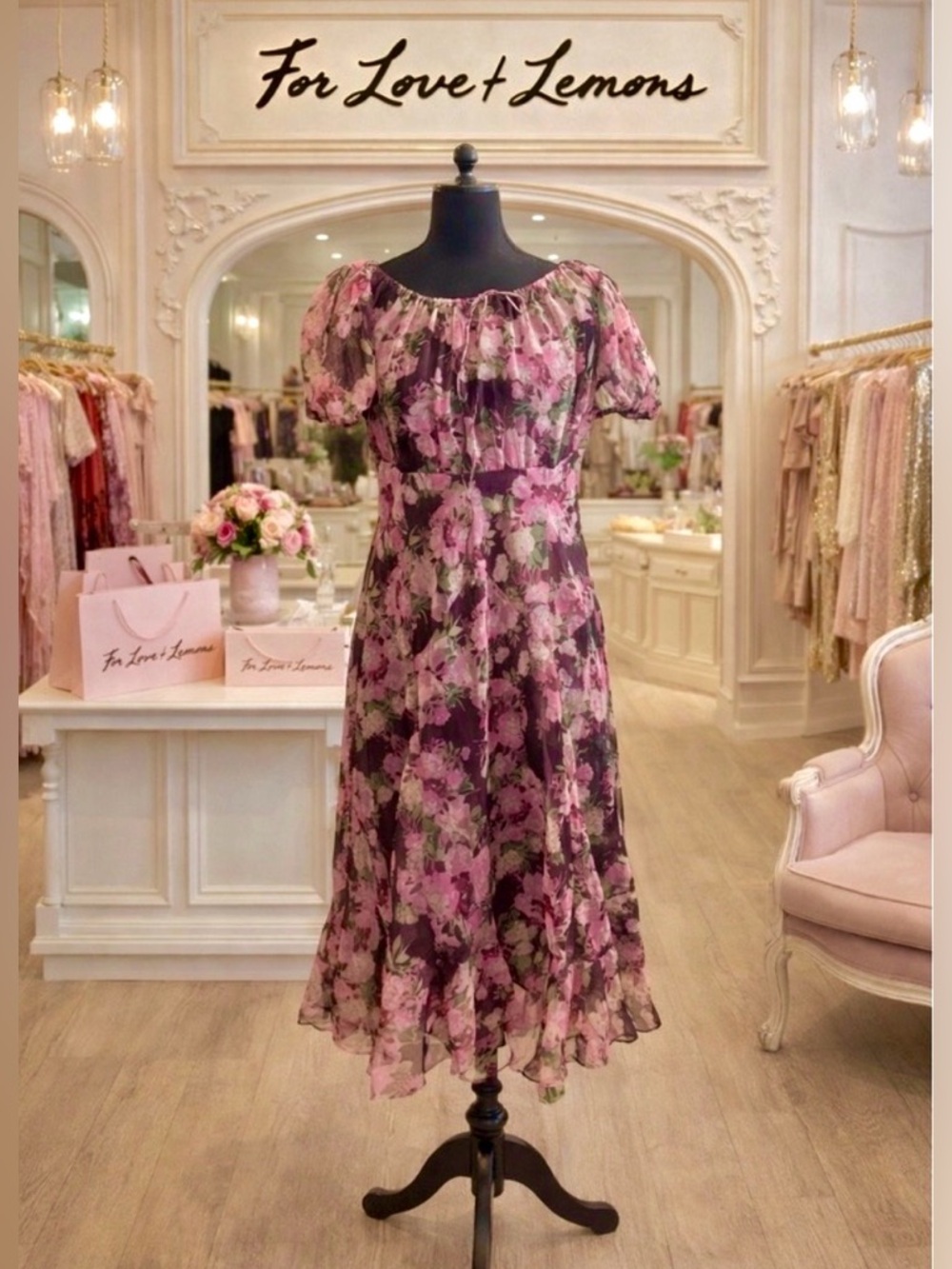 For Love & Lemons Pink Floral Midi Dress